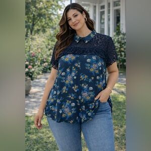 ModCloth Floral Lace Overlay Blouse Navy Blue Collared Top 1X Romantic Boho